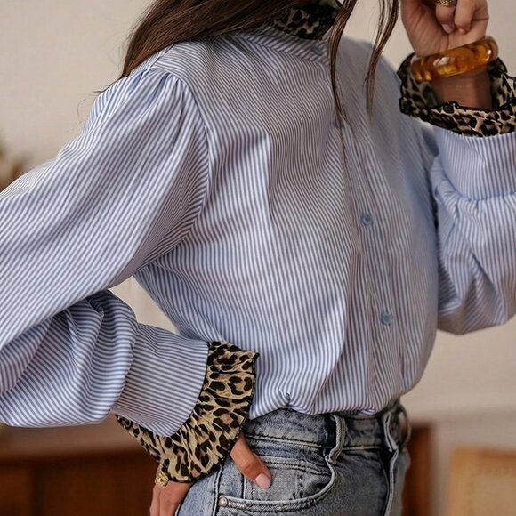 Blue Patchwork Women's Striped Leopard Button Down Collared Shirt - Picture 8 of 8